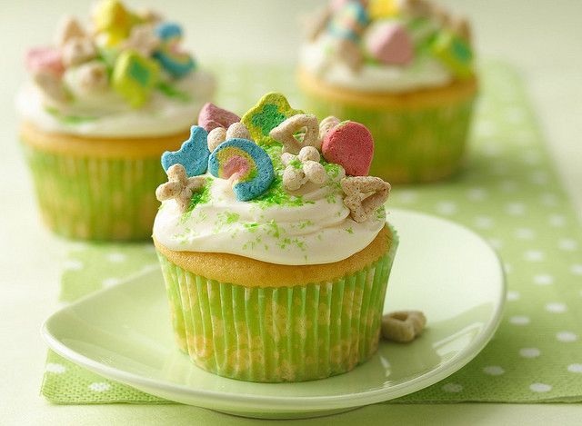 A classic cupcake covered with Lucky Charms