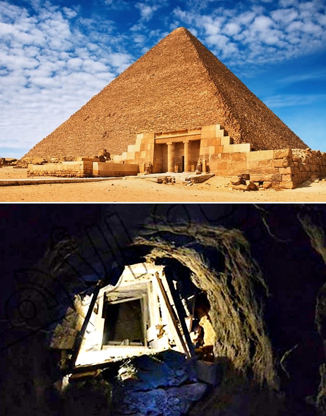 A tunnel with a view to the Great Pyramid of Giza
